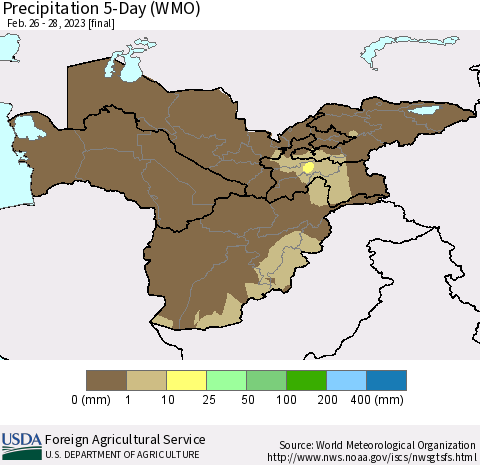 Central Asia Precipitation 5-Day (WMO) Thematic Map For 2/26/2023 - 2/28/2023