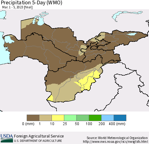 Central Asia Precipitation 5-Day (WMO) Thematic Map For 3/1/2023 - 3/5/2023