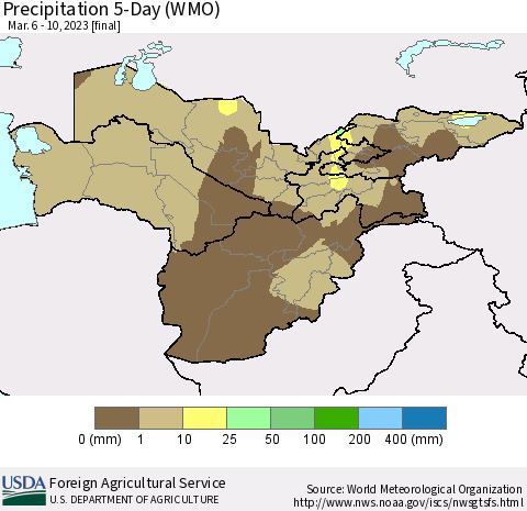 Central Asia Precipitation 5-Day (WMO) Thematic Map For 3/6/2023 - 3/10/2023
