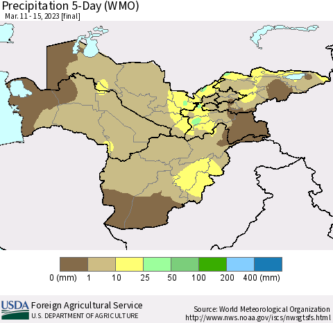 Central Asia Precipitation 5-Day (WMO) Thematic Map For 3/11/2023 - 3/15/2023