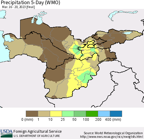 Central Asia Precipitation 5-Day (WMO) Thematic Map For 3/16/2023 - 3/20/2023