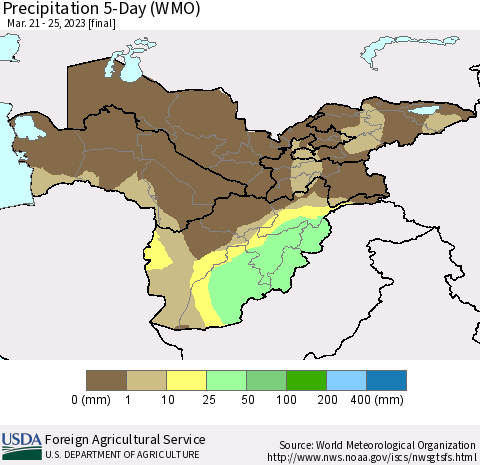 Central Asia Precipitation 5-Day (WMO) Thematic Map For 3/21/2023 - 3/25/2023