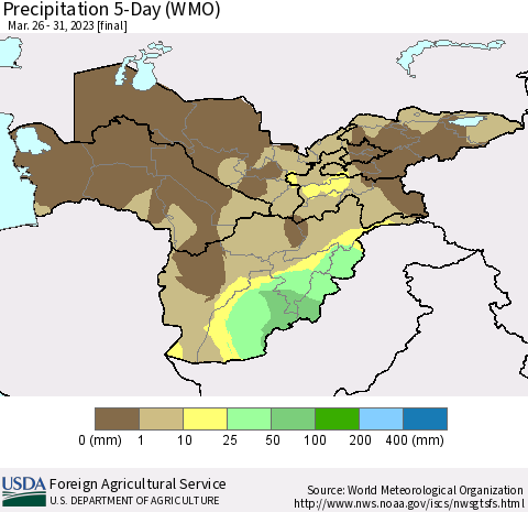 Central Asia Precipitation 5-Day (WMO) Thematic Map For 3/26/2023 - 3/31/2023