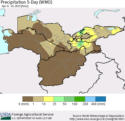 Central Asia Precipitation 5-Day (WMO) Thematic Map For 4/6/2023 - 4/10/2023