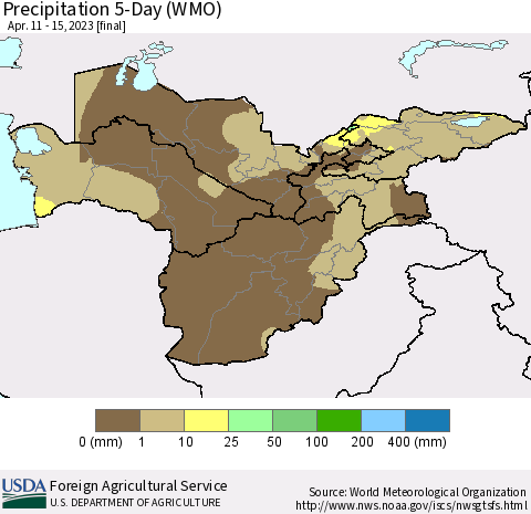 Central Asia Precipitation 5-Day (WMO) Thematic Map For 4/11/2023 - 4/15/2023