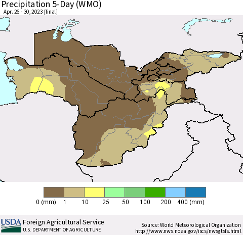 Central Asia Precipitation 5-Day (WMO) Thematic Map For 4/26/2023 - 4/30/2023