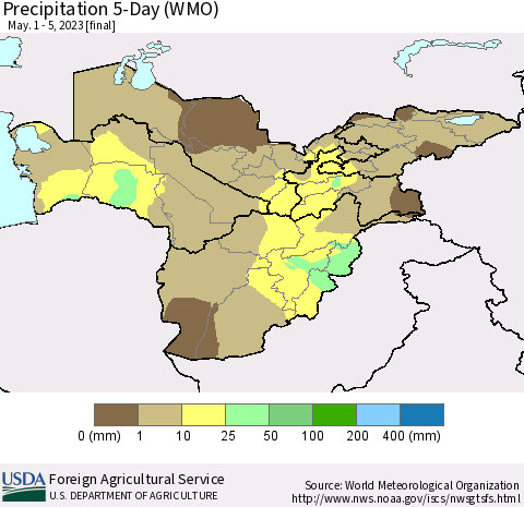 Central Asia Precipitation 5-Day (WMO) Thematic Map For 5/1/2023 - 5/5/2023