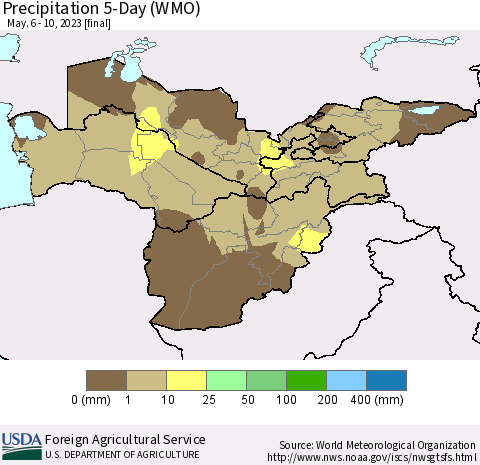 Central Asia Precipitation 5-Day (WMO) Thematic Map For 5/6/2023 - 5/10/2023