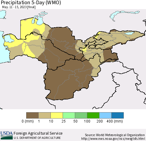 Central Asia Precipitation 5-Day (WMO) Thematic Map For 5/11/2023 - 5/15/2023