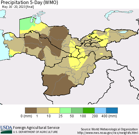 Central Asia Precipitation 5-Day (WMO) Thematic Map For 5/16/2023 - 5/20/2023