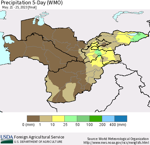 Central Asia Precipitation 5-Day (WMO) Thematic Map For 5/21/2023 - 5/25/2023