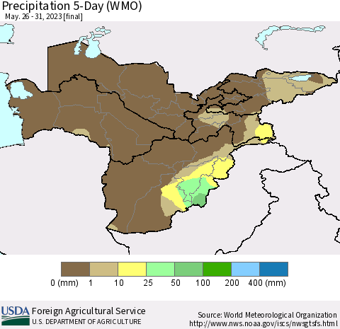 Central Asia Precipitation 5-Day (WMO) Thematic Map For 5/26/2023 - 5/31/2023