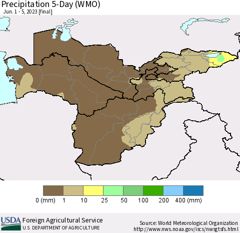 Central Asia Precipitation 5-Day (WMO) Thematic Map For 6/1/2023 - 6/5/2023