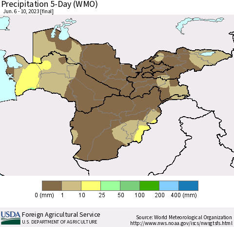 Central Asia Precipitation 5-Day (WMO) Thematic Map For 6/6/2023 - 6/10/2023