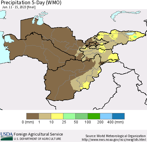 Central Asia Precipitation 5-Day (WMO) Thematic Map For 6/11/2023 - 6/15/2023