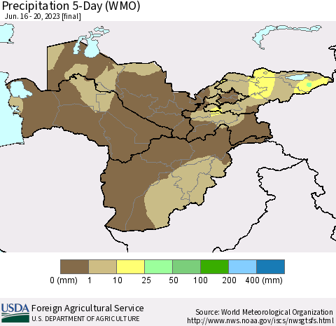 Central Asia Precipitation 5-Day (WMO) Thematic Map For 6/16/2023 - 6/20/2023