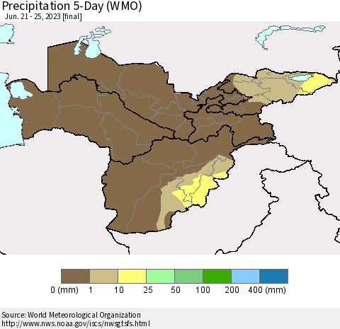 Central Asia Precipitation 5-Day (WMO) Thematic Map For 6/21/2023 - 6/25/2023