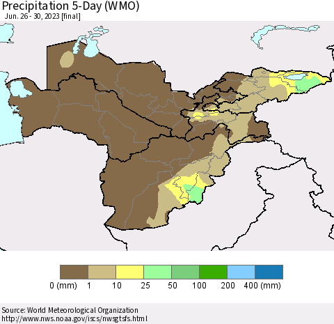 Central Asia Precipitation 5-Day (WMO) Thematic Map For 6/26/2023 - 6/30/2023