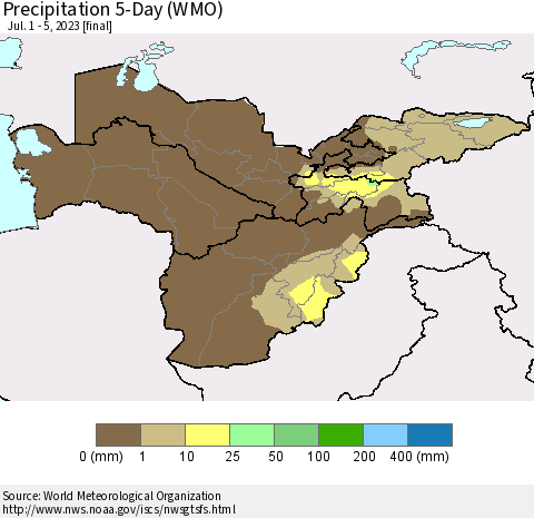 Central Asia Precipitation 5-Day (WMO) Thematic Map For 7/1/2023 - 7/5/2023