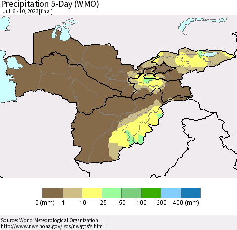 Central Asia Precipitation 5-Day (WMO) Thematic Map For 7/6/2023 - 7/10/2023