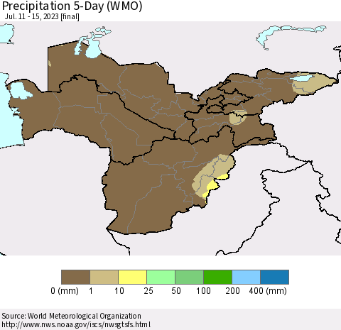 Central Asia Precipitation 5-Day (WMO) Thematic Map For 7/11/2023 - 7/15/2023