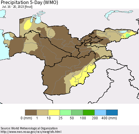 Central Asia Precipitation 5-Day (WMO) Thematic Map For 7/16/2023 - 7/20/2023