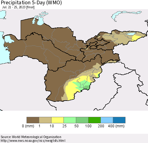 Central Asia Precipitation 5-Day (WMO) Thematic Map For 7/21/2023 - 7/25/2023