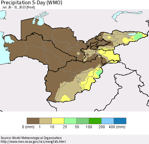 Central Asia Precipitation 5-Day (WMO) Thematic Map For 7/26/2023 - 7/31/2023