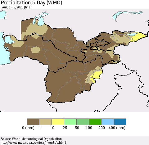 Central Asia Precipitation 5-Day (WMO) Thematic Map For 8/1/2023 - 8/5/2023