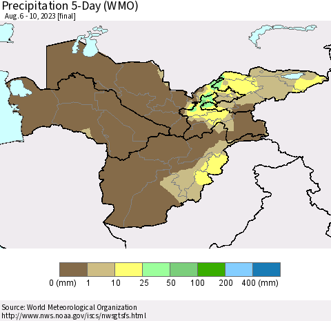 Central Asia Precipitation 5-Day (WMO) Thematic Map For 8/6/2023 - 8/10/2023