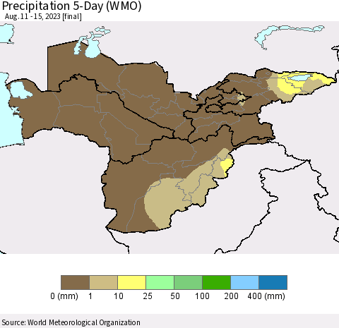 Central Asia Precipitation 5-Day (WMO) Thematic Map For 8/11/2023 - 8/15/2023