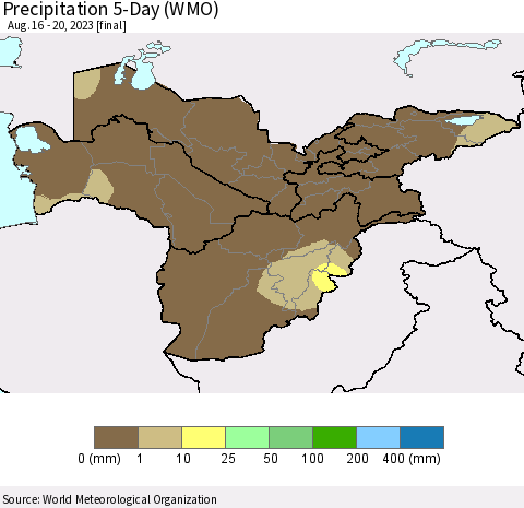 Central Asia Precipitation 5-Day (WMO) Thematic Map For 8/16/2023 - 8/20/2023