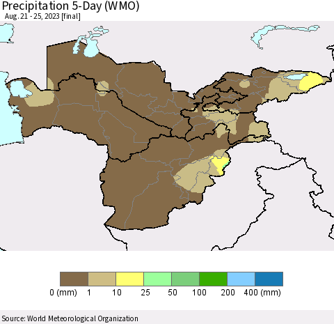 Central Asia Precipitation 5-Day (WMO) Thematic Map For 8/21/2023 - 8/25/2023