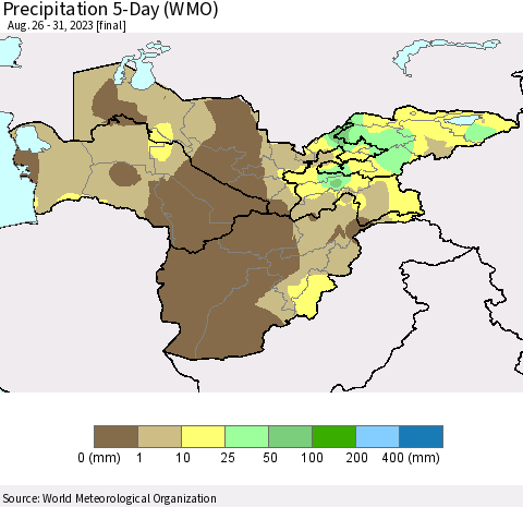 Central Asia Precipitation 5-Day (WMO) Thematic Map For 8/26/2023 - 8/31/2023