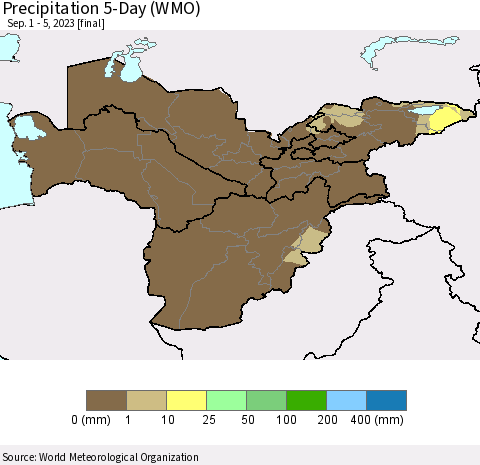 Central Asia Precipitation 5-Day (WMO) Thematic Map For 9/1/2023 - 9/5/2023