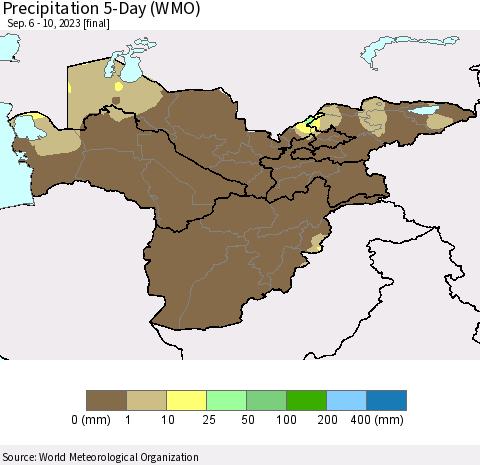 Central Asia Precipitation 5-Day (WMO) Thematic Map For 9/6/2023 - 9/10/2023