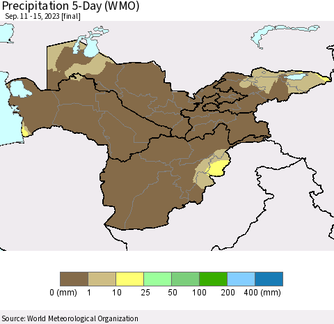 Central Asia Precipitation 5-Day (WMO) Thematic Map For 9/11/2023 - 9/15/2023