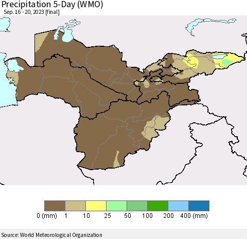 Central Asia Precipitation 5-Day (WMO) Thematic Map For 9/16/2023 - 9/20/2023