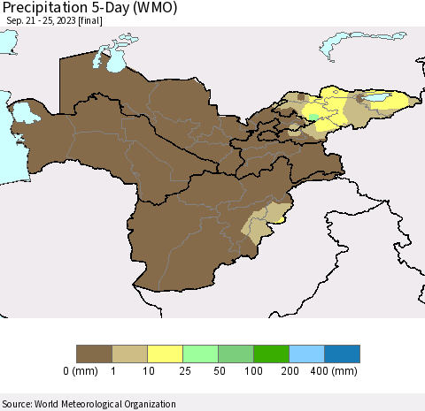 Central Asia Precipitation 5-Day (WMO) Thematic Map For 9/21/2023 - 9/25/2023