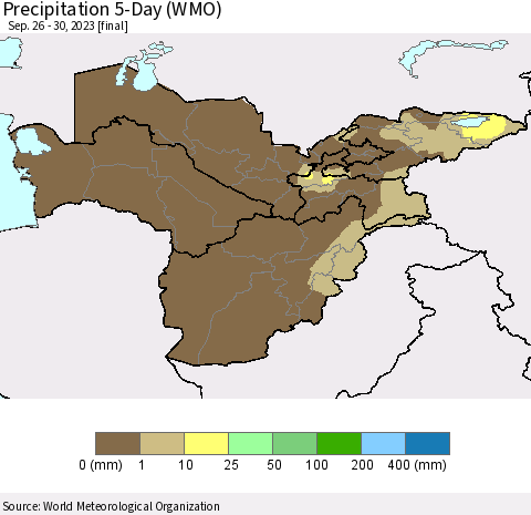 Central Asia Precipitation 5-Day (WMO) Thematic Map For 9/26/2023 - 9/30/2023