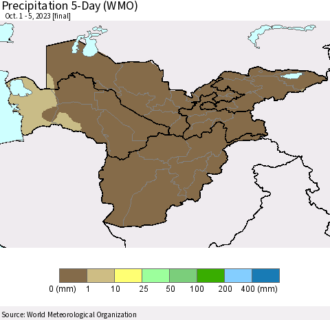 Central Asia Precipitation 5-Day (WMO) Thematic Map For 10/1/2023 - 10/5/2023
