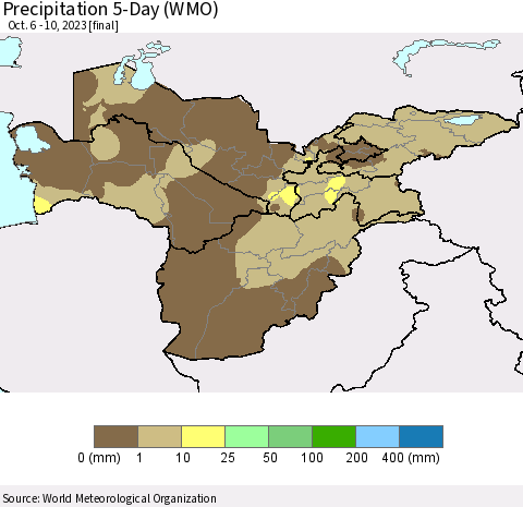 Central Asia Precipitation 5-Day (WMO) Thematic Map For 10/6/2023 - 10/10/2023