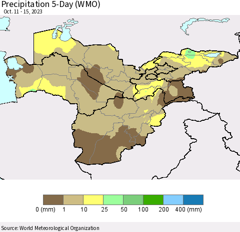Central Asia Precipitation 5-Day (WMO) Thematic Map For 10/11/2023 - 10/15/2023