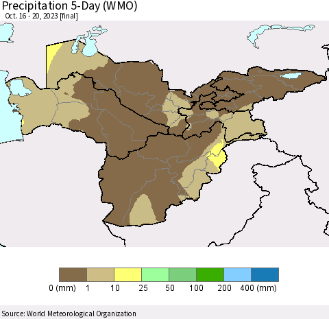 Central Asia Precipitation 5-Day (WMO) Thematic Map For 10/16/2023 - 10/20/2023