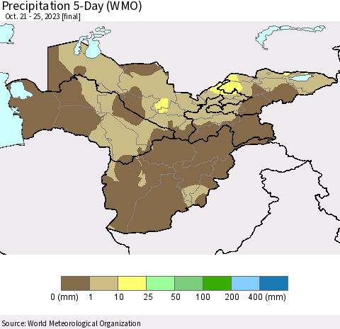 Central Asia Precipitation 5-Day (WMO) Thematic Map For 10/21/2023 - 10/25/2023