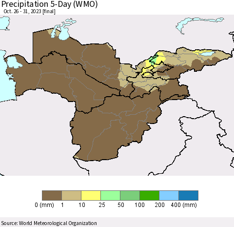 Central Asia Precipitation 5-Day (WMO) Thematic Map For 10/26/2023 - 10/31/2023