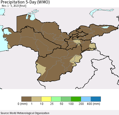 Central Asia Precipitation 5-Day (WMO) Thematic Map For 11/1/2023 - 11/5/2023