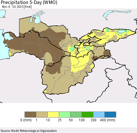 Central Asia Precipitation 5-Day (WMO) Thematic Map For 11/6/2023 - 11/10/2023