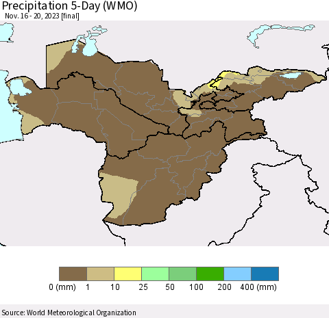 Central Asia Precipitation 5-Day (WMO) Thematic Map For 11/16/2023 - 11/20/2023