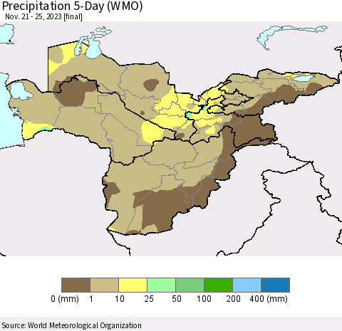 Central Asia Precipitation 5-Day (WMO) Thematic Map For 11/21/2023 - 11/25/2023